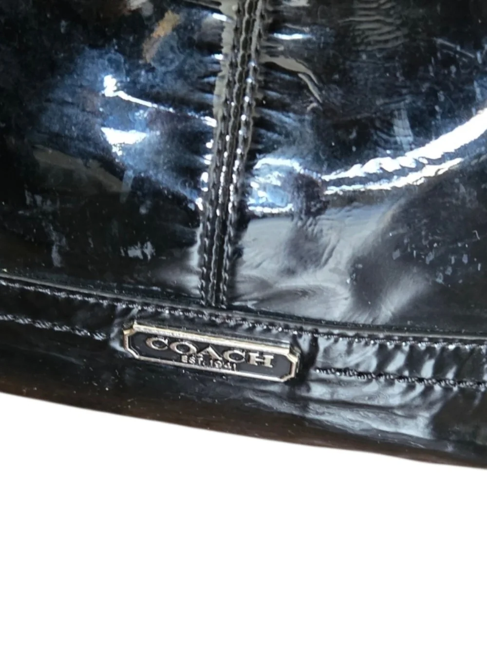 Coach Black Patent Leather Tote Bag Shoulder Bag Silver Hardware Zip Top - Picture 3 of 11